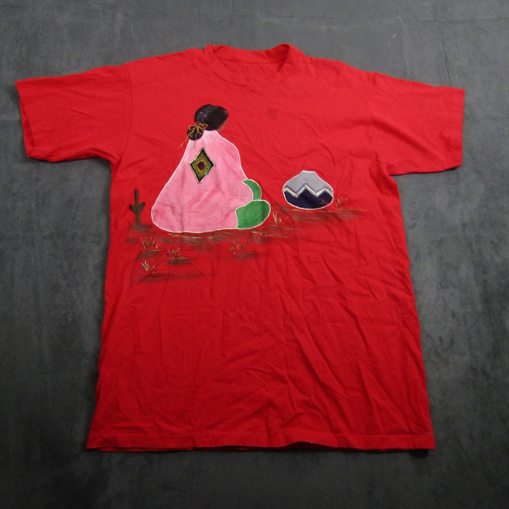 Graphic Tee Mens L Red Vintage Single Stitch Native American Woman 90s 80s